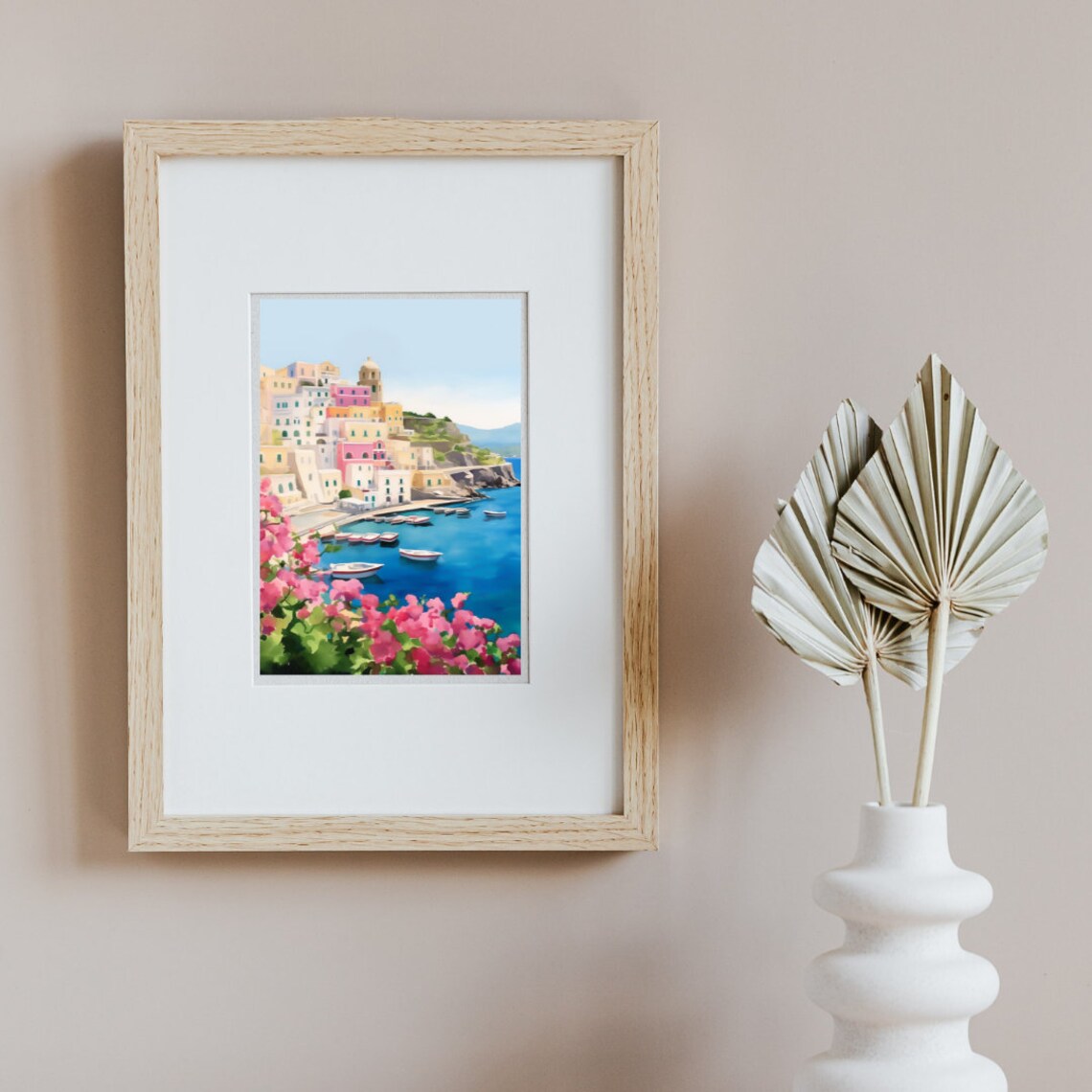 Ischia Cliffside Town with Boats and Pink Bougainvillea Poster - Image 2