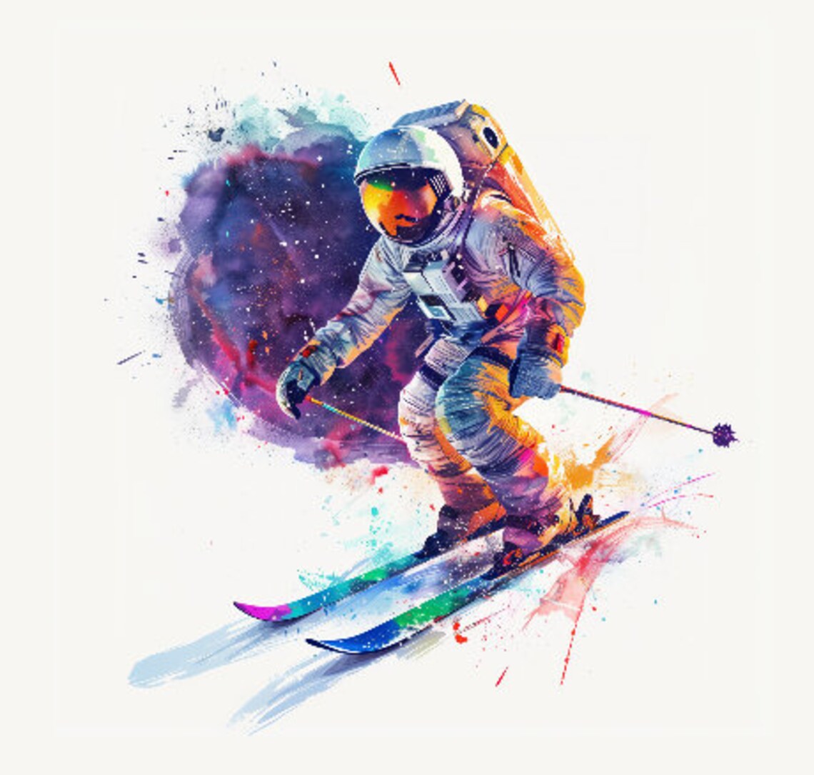 Astronaut Skiing In Colorful Watercolor Paint Splash Style Print - Image 2