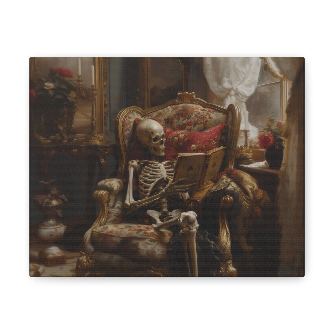 Skeleton Reading Book in Antique Armchair Gothic Moody Art Poster - Image 3