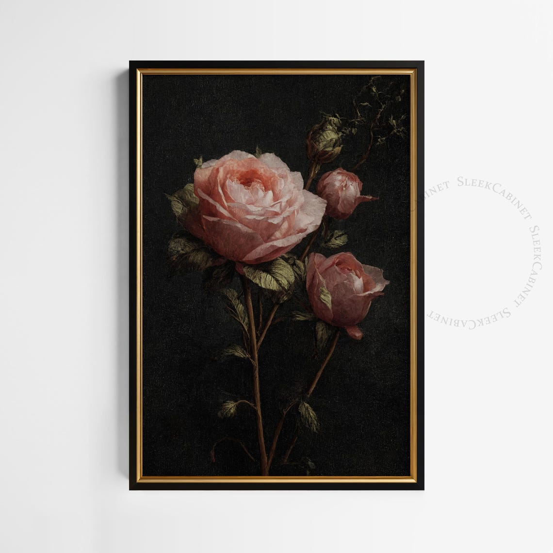 Pink Rose Stem with Buds Dark Background Moody Floral Poster - Image 2