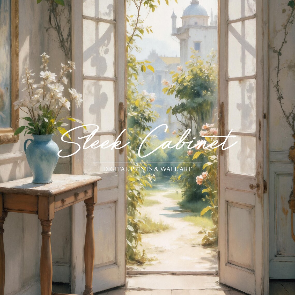 French Country Doorway, Sunlit Cathedral View Art Print - Image 4