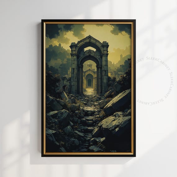 Gothic Architecture Art Print Dark Fantasy Castle Archway Wall Art Medieval Ruins Poster Mysterious Landscape Vbwkl