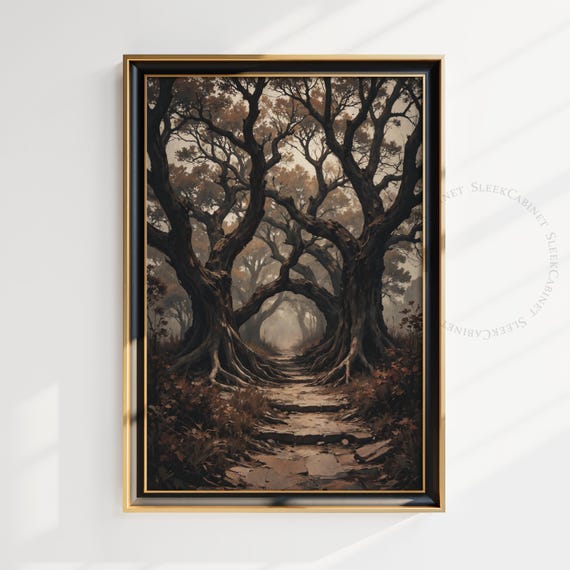 Dark Forest Path Wall Art Mystical Tree Tunnel Oil Painting Brown Gothic Nature Print Moody Woodland Vsndi