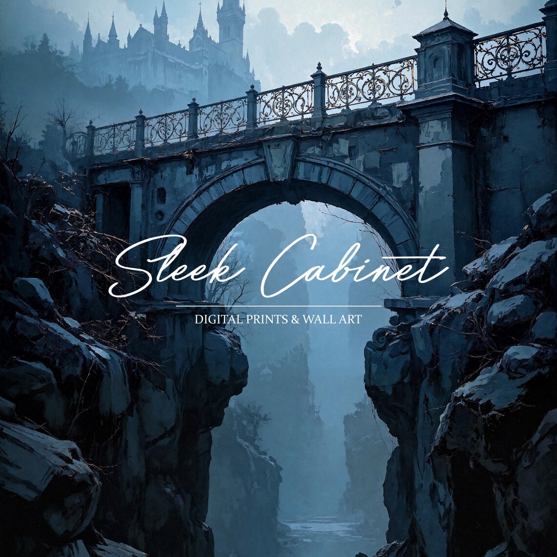 Misty Blue Stone Bridge to Castle Over Gorge Fantasy Art Poster - Image 4