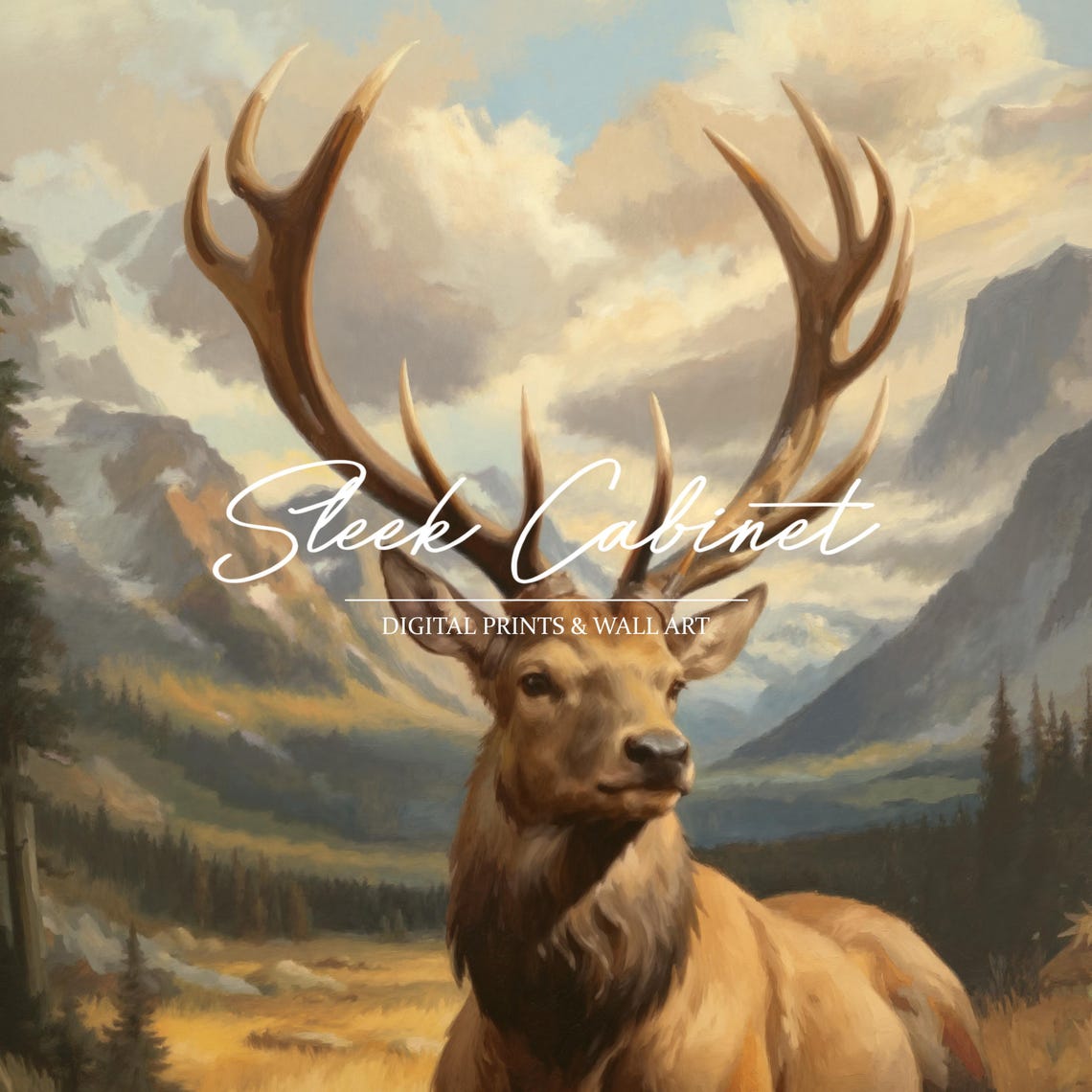Resting Elk Stag Golden Meadow Mountain Valley Wildlife Art Poster - Image 4