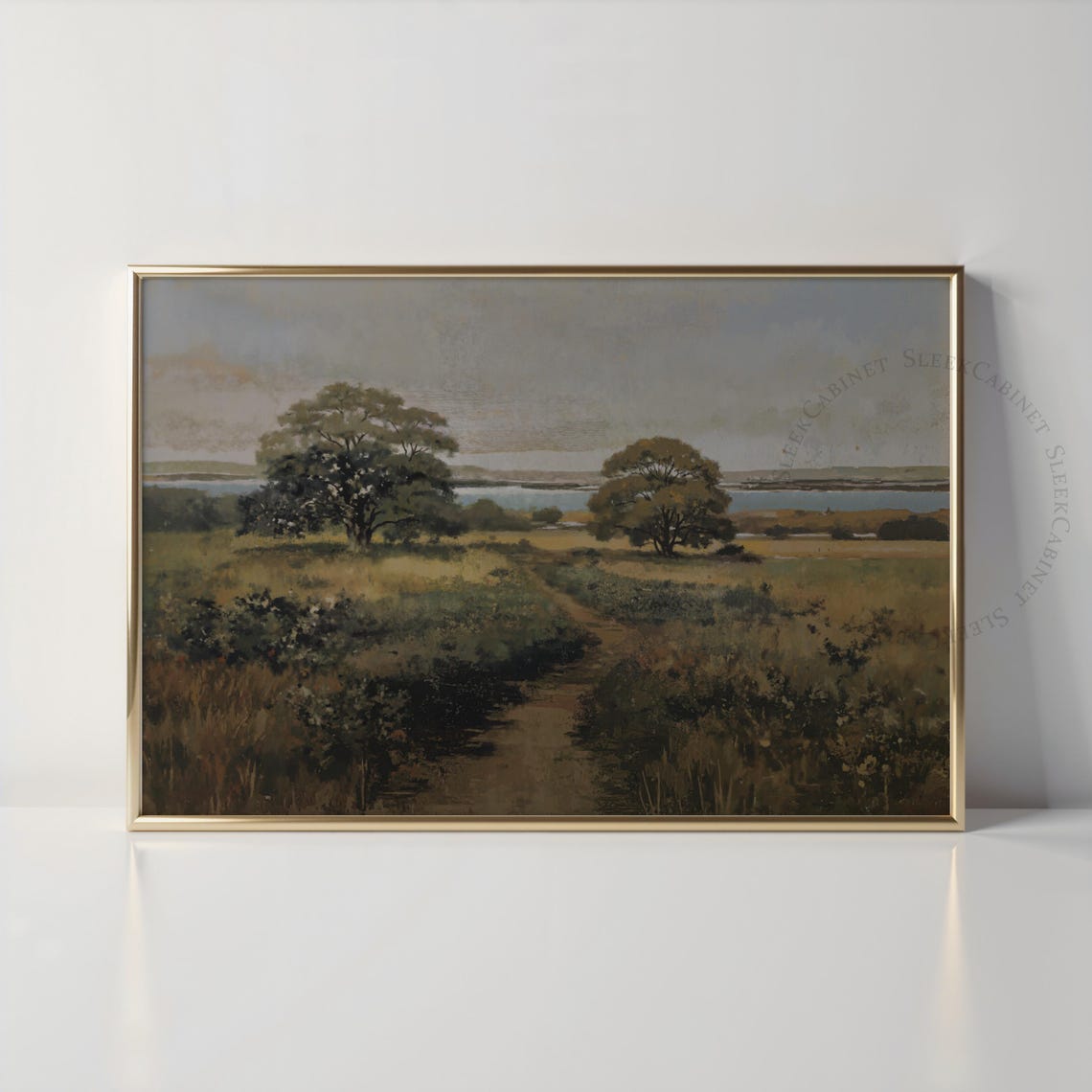 Pastoral Countryside Meadow Path Trees Distant Lake Art Poster