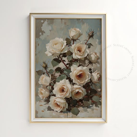 Victorian White Rose Botanical Still Life Art Print