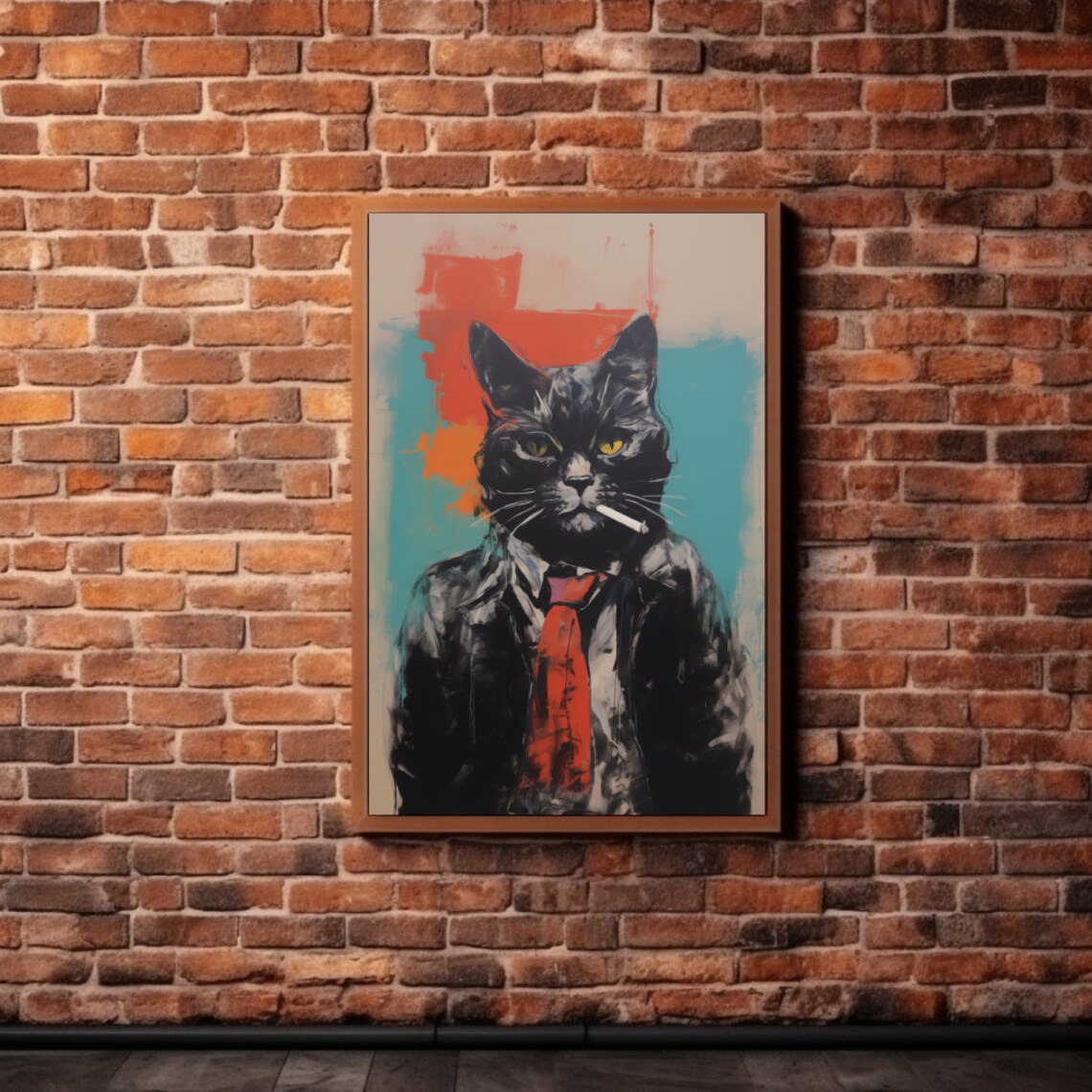 Black Cat in Jacket and Tie Smoking Beatnik Style Funny Poster - Image 5