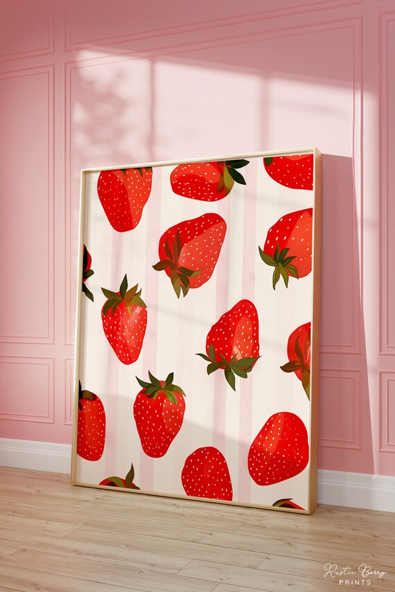Cute Strawberries Art Print Wall Art Poster Red Strawberries Preppy Trendy Fresh Fruit Art Kitchen Decor