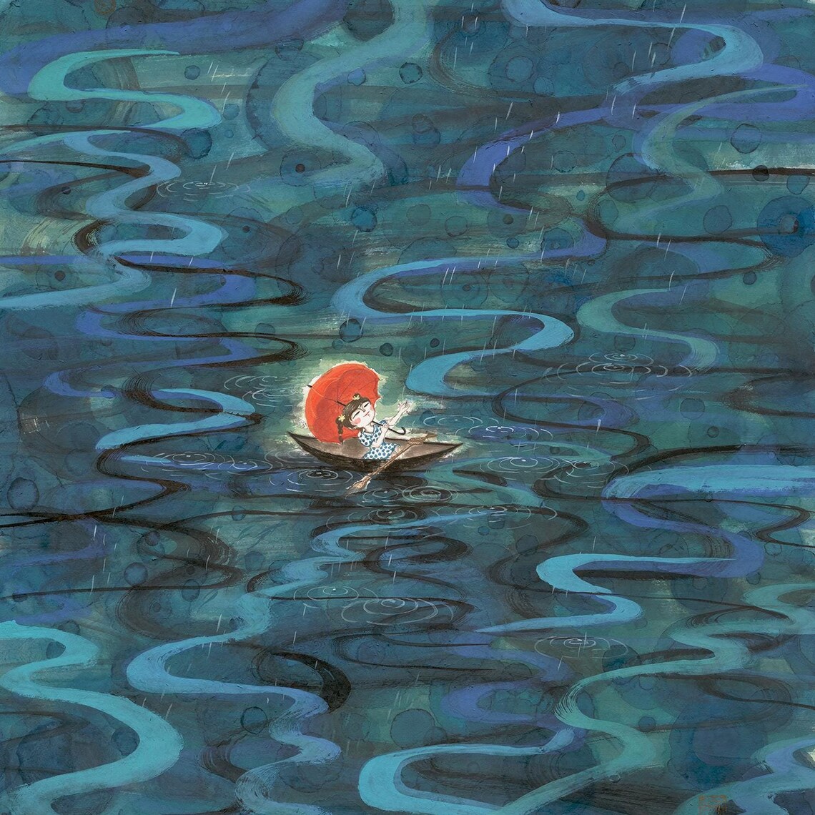 Girl With Red Umbrella Boat Rainy River Art Calm Night Poster