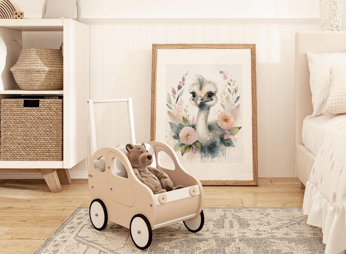Baby Ostrich Chick Watercolor Floral Nursery Portrait Poster - Image 2