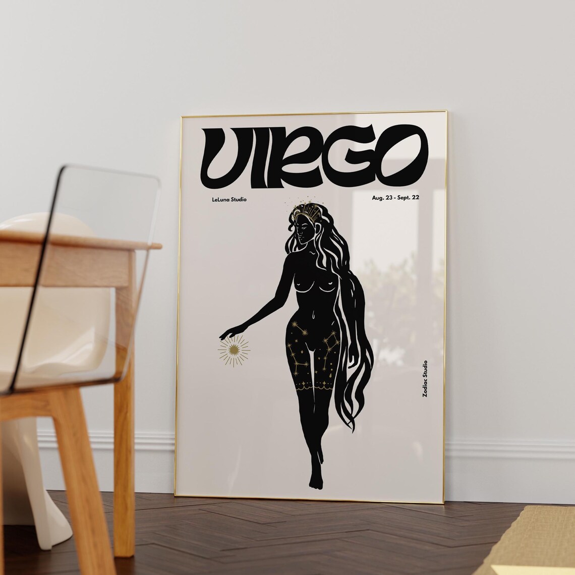 Black Retro Virgo Poster Print, Minimalist Astrology
