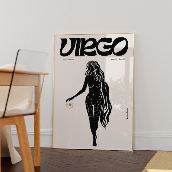 Black Retro Virgo Poster Print, Minimalist Astrology