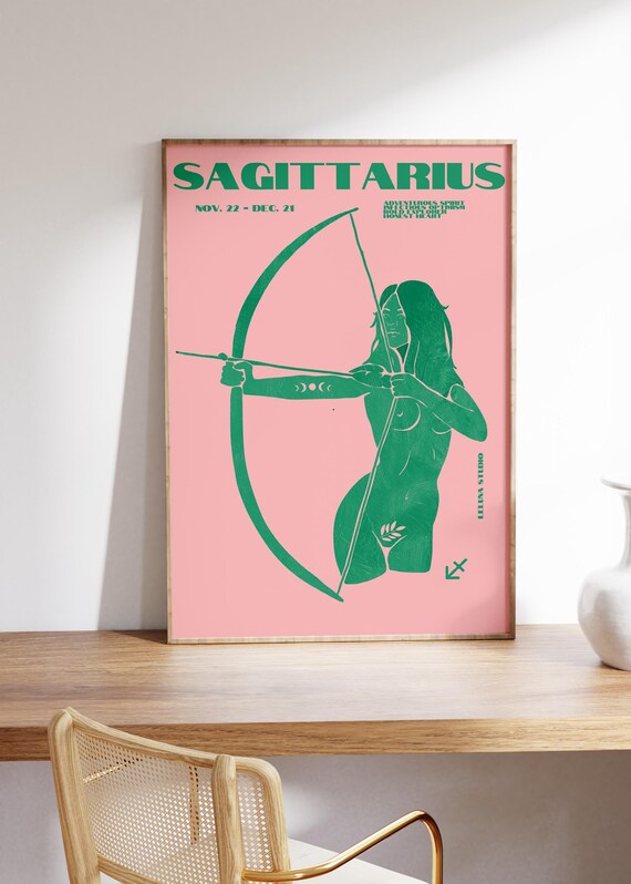 Sagittarius Zodiac Pink Green Archer Woman Astrology Star Sign Poster