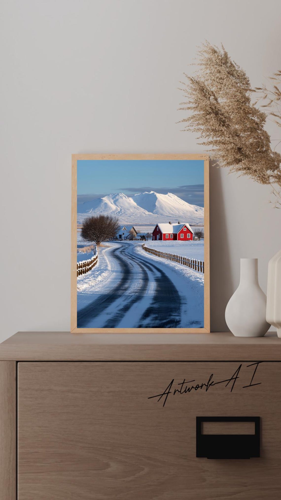 Winter Serenity Framed Snowy Village Poster Red Cottage Majestic Mountains Art