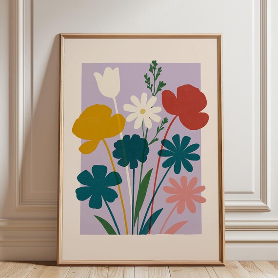 Abstract Flowers Art Modern Floral Wall Lavender Decor Illustration Maximalist Colorful Poster Dopamine
