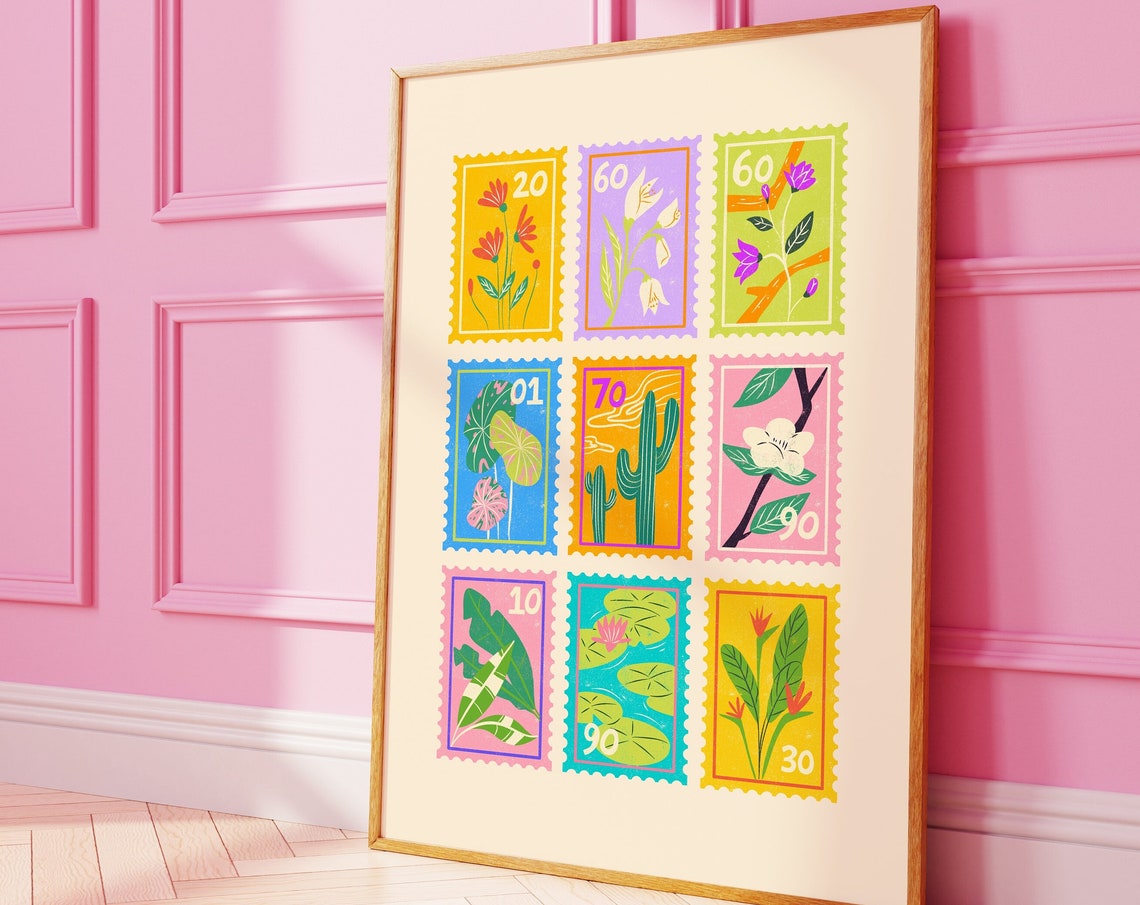 Colorful Botanical Stamp Grid Hippie Floral Y2K Girly Room Poster