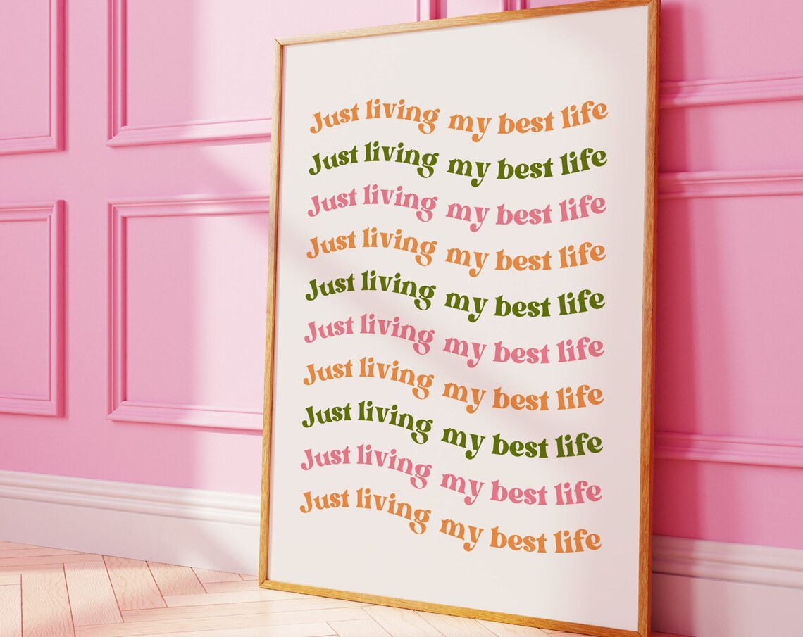 Just Living My Best Life Repeated Groovy Rainbow Typography Poster
