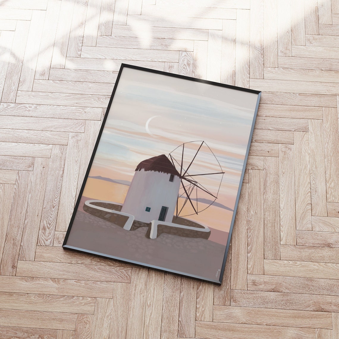 Santorini Greece Cycladic Windmill Sea Sunset Crescent Moon Art Poster - Image 3