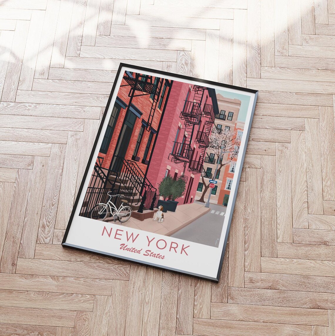 New York West Village Red Brick Brownstones Fire Escapes Dog Poster - Image 2