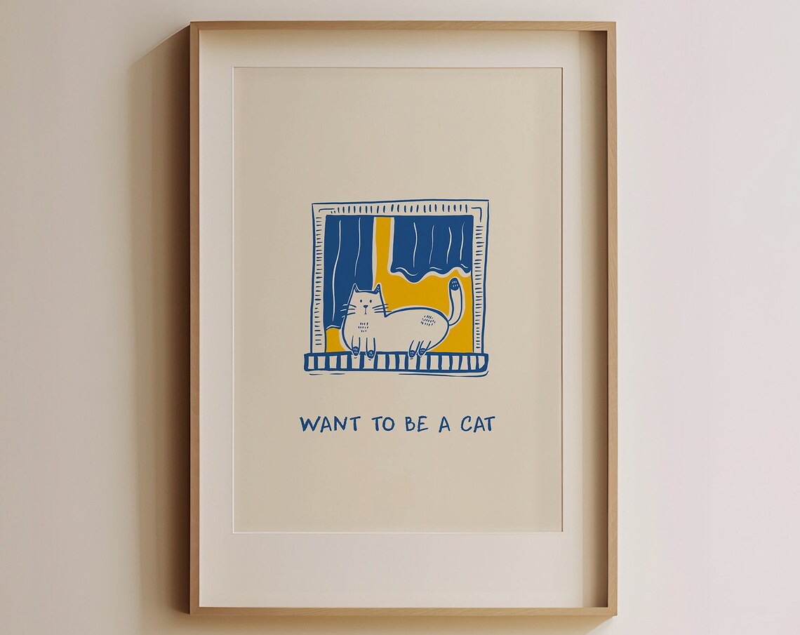Funny Cat Blue Line Art, Minimalist Boho Art Print