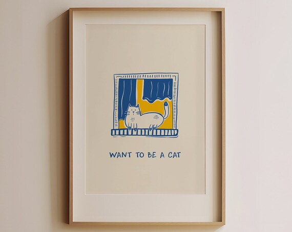 Funny Cat Blue Line Art, Minimalist Boho Art Print