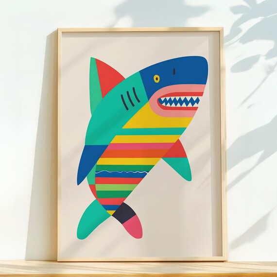 Colorful Geometric Rainbow Shark Pop Art Poster for Playful Kids Room Decor
