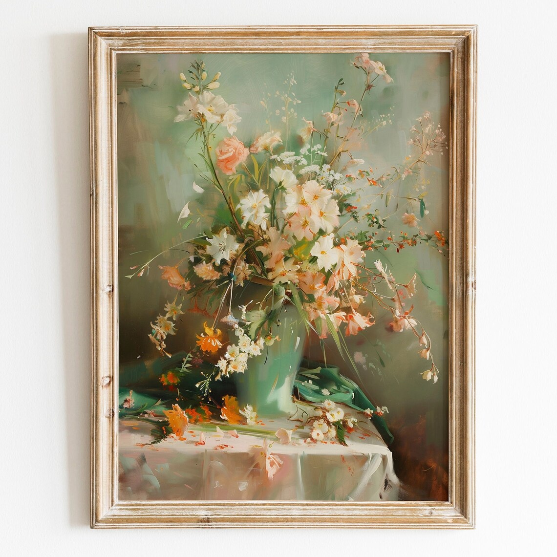 Pastel Wildflower Bouquet Green Vase Vintage Still Life Poster