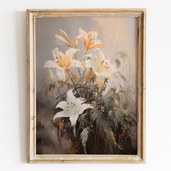 Antique Moody Lily Painting Art Dark Floral Wall Art Dark Academia Decor Vintage Moody Botanical Wall Art Dark Flower Painting