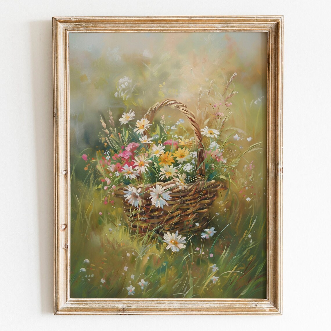 Wildflower Basket in Green Meadow Sweet Cottagecore Art Poster