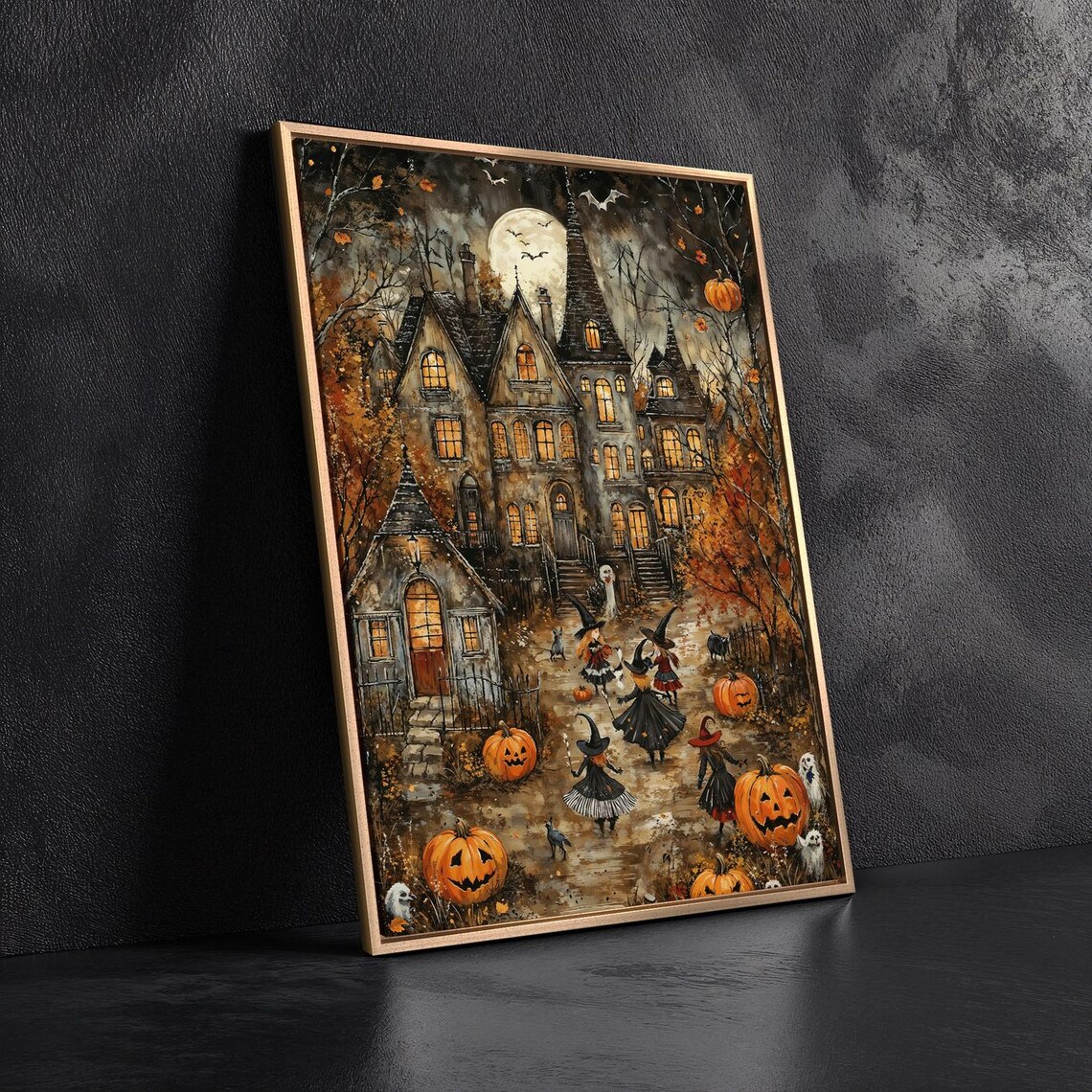 Haunted House Witches Pumpkins Full Moon Festive Halloween Night Wall Poster - Image 3