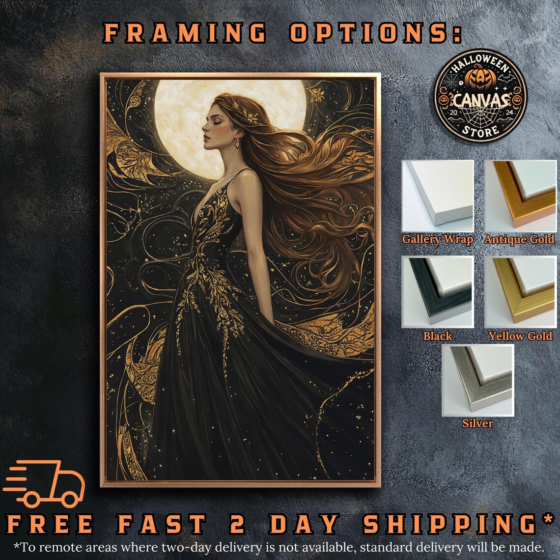 Celestial Woman Full Moon Halo Flowing Auburn Hair Black Gold Gothic Wall Art - Image 5