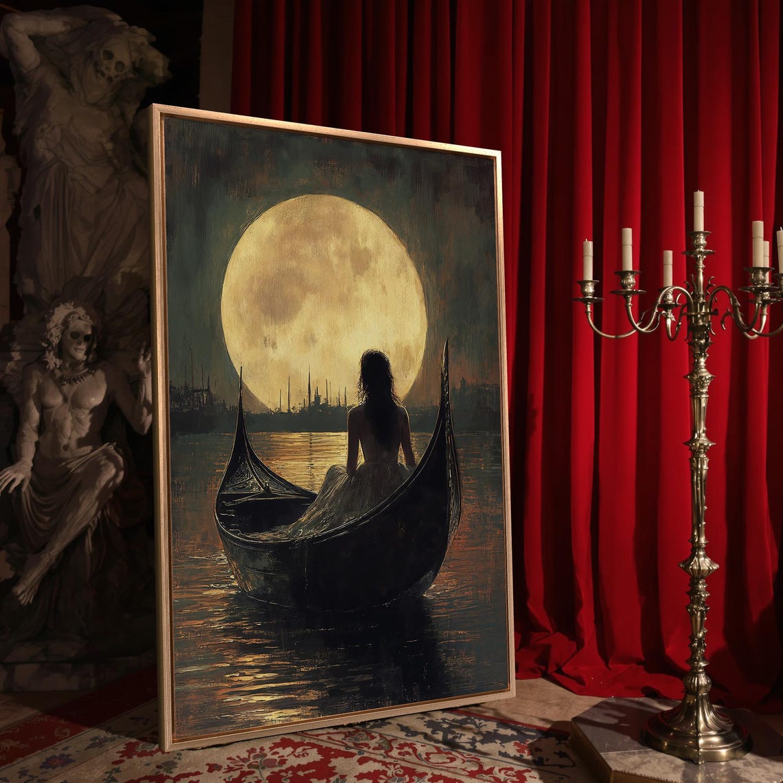 Woman in Gondola Under Giant Golden Full Moon Night Art Poster - Image 4