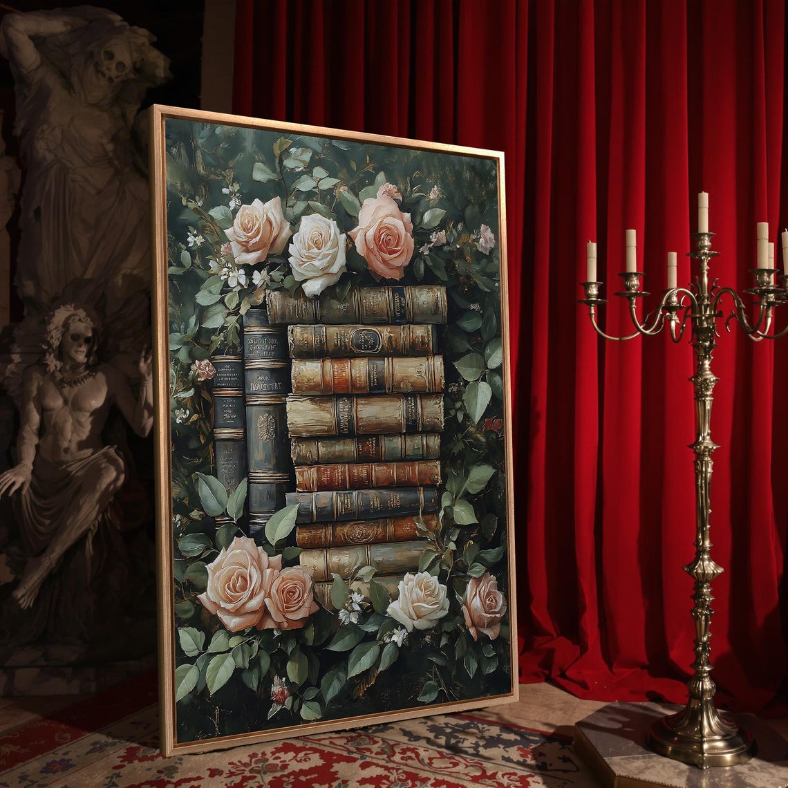 Vintage Book Stack Blush Roses Green Foliage Library Art Poster - Image 4