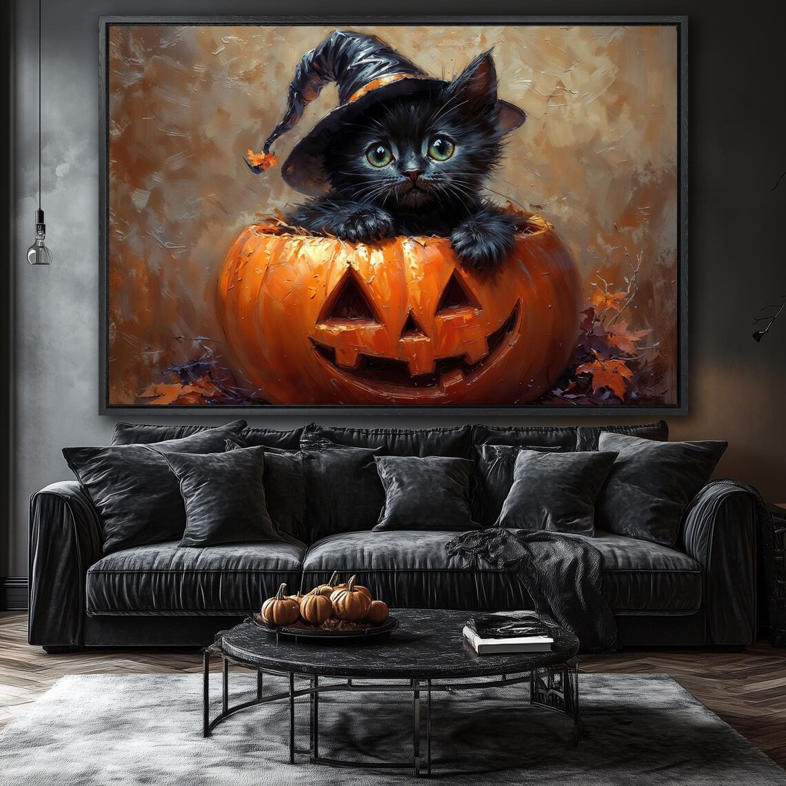 Black Kitten Witch Hat Sitting Jack-O-Lantern Cute Halloween Pumpkin Wall Poster - Image 4