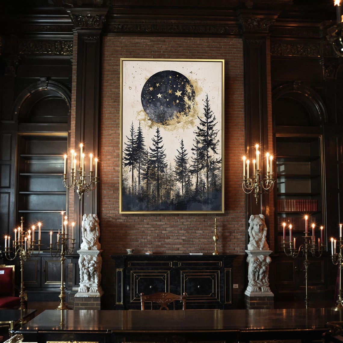 Starry Black Moon Over Pine Forest Cream Celestial Art Poster - Image 2