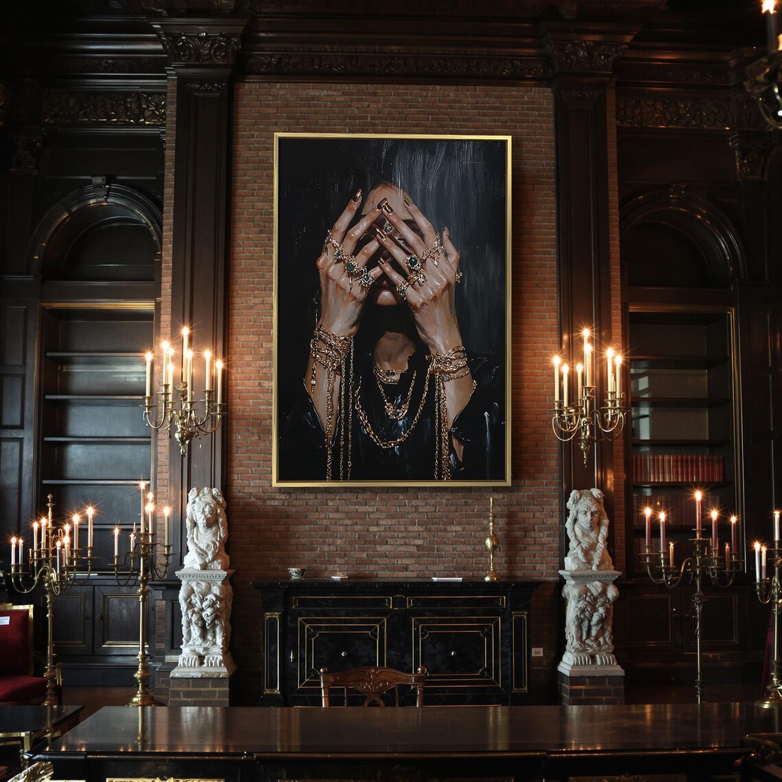 Womans Hands Adorned With Gold Jewelry Covering Face Dark Oil Art Poster - Image 2