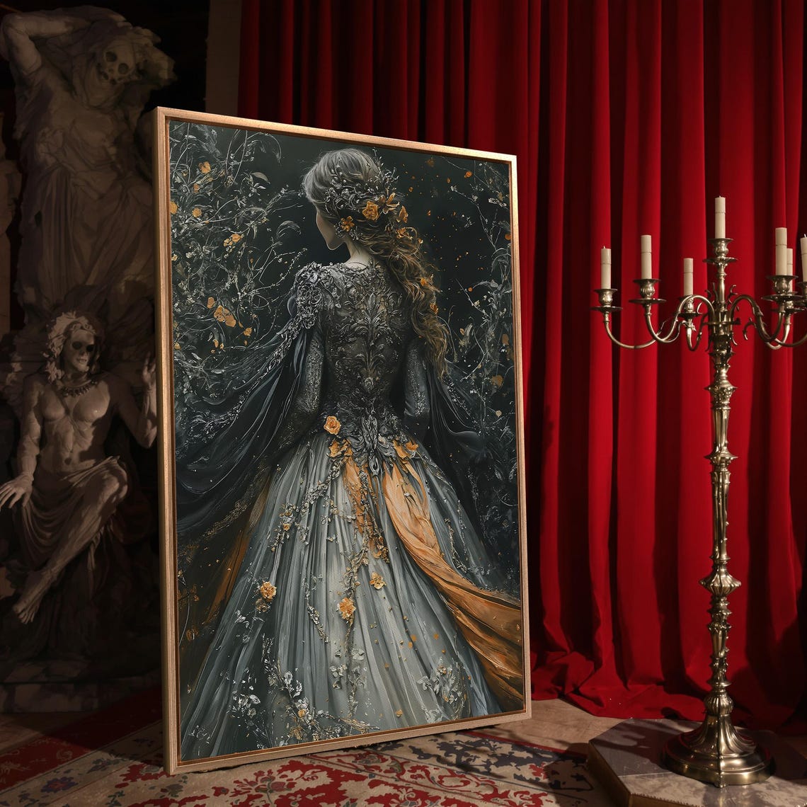 Victorian Girl In Wonderful Dress Print Fantasy Floral Home Decor Dark Academia Art Bohemian Poster Ready To Hang Framed Wall Art
