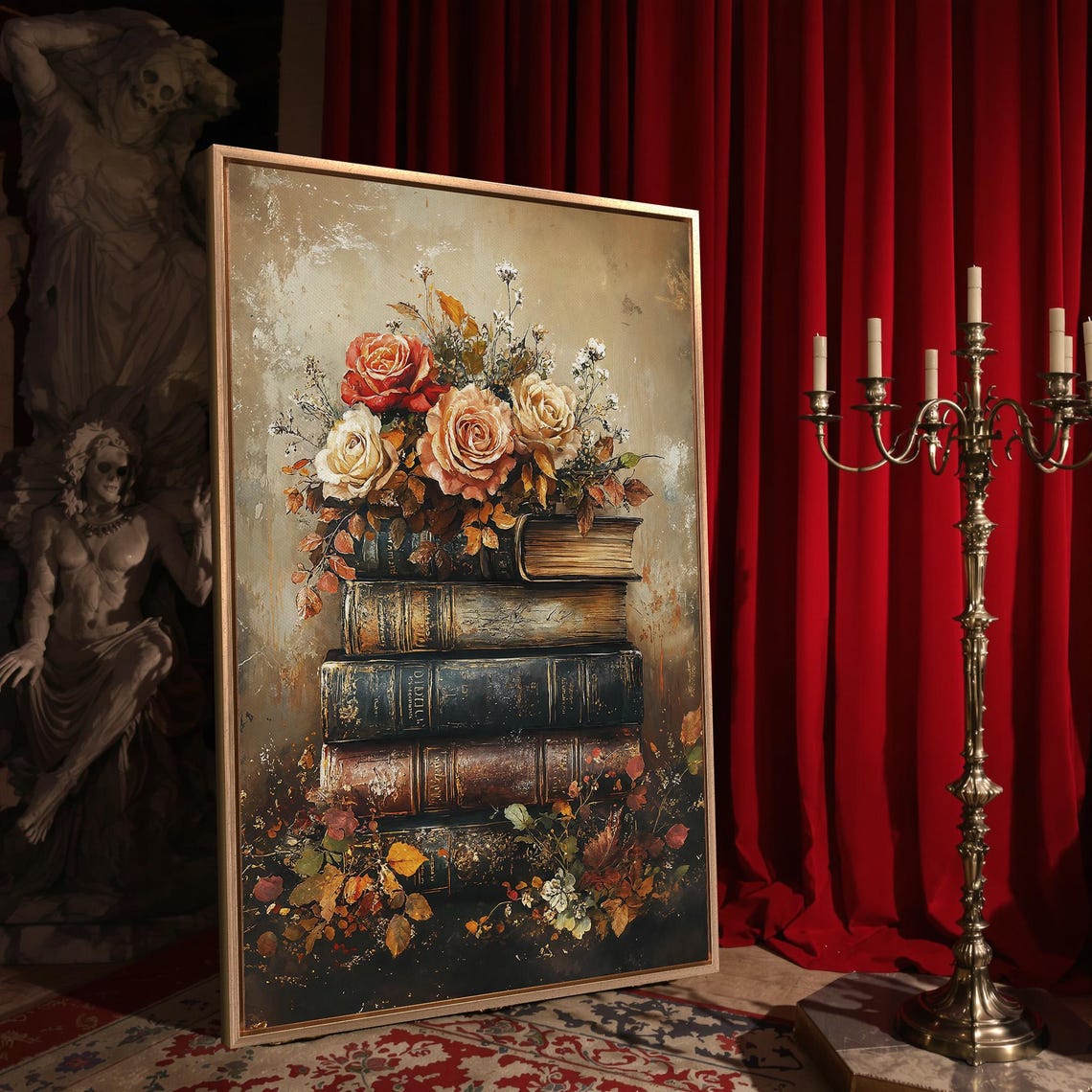 Antique Book Stack Autumn Roses Vintage Floral Library Art Poster - Image 4