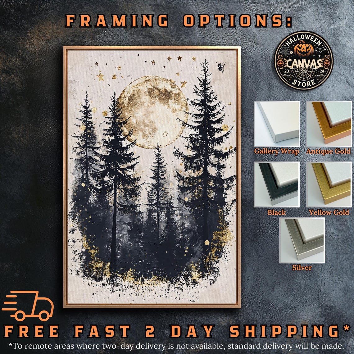 Golden Full Moon Glowing Over Black Pine Trees Night Art Poster - Image 5