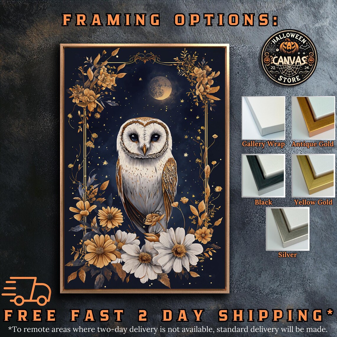 Barn Owl Under Crescent Moon In Golden Floral Border Night Starry Poster - Image 5