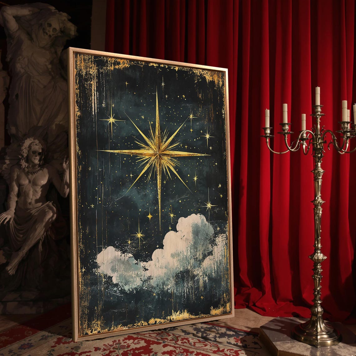Starry Night Sky Framed Wall Art Large Gold Star And Clouds Painting Print Celestial Decor Dark Cottagecore Poster Ready To Hang - Image 4