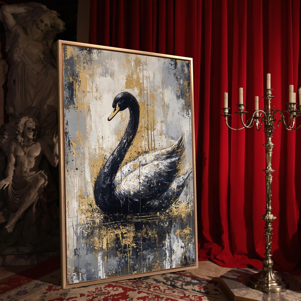 Abstract Black Swan With Curved Neck On White Gold Splattered Art Poster - Image 4