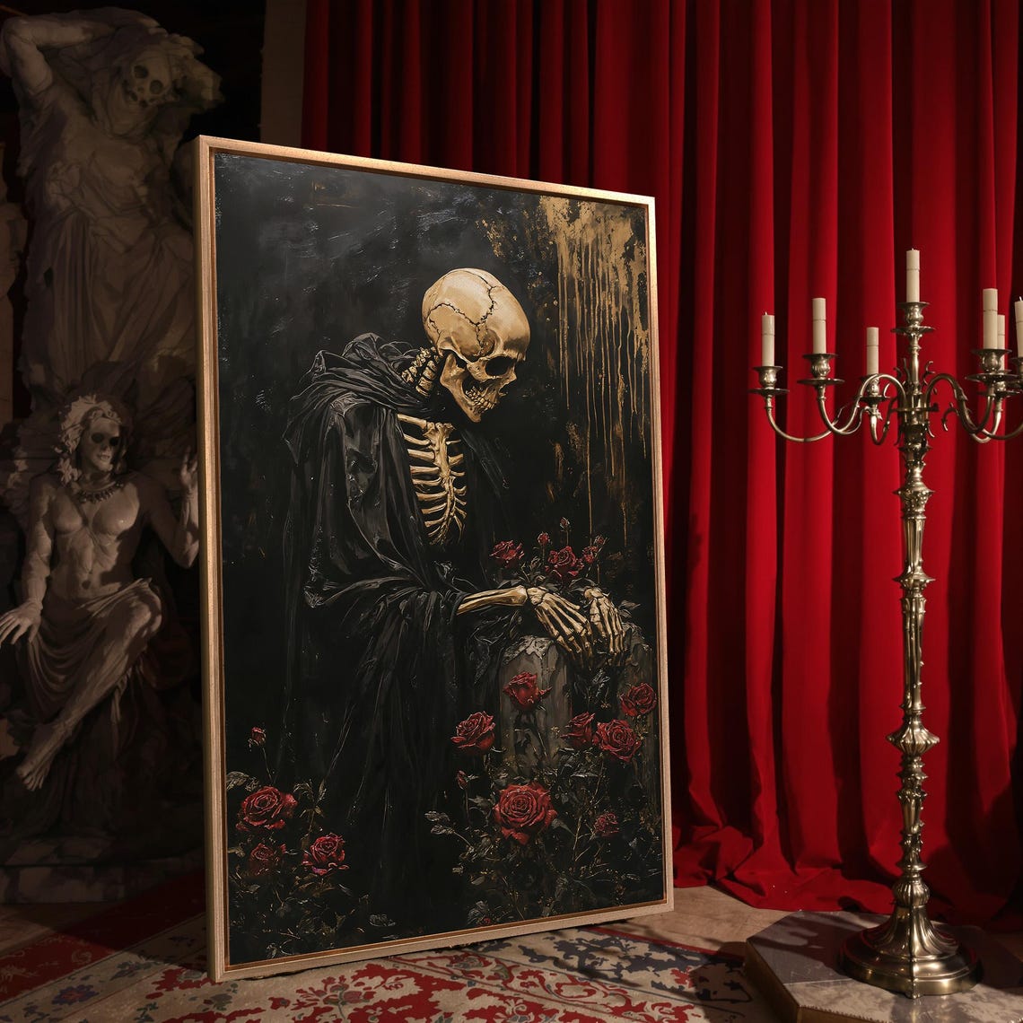 Grim Reaper Skeleton Leaning on Tombstone With Red Roses Poster - Image 4