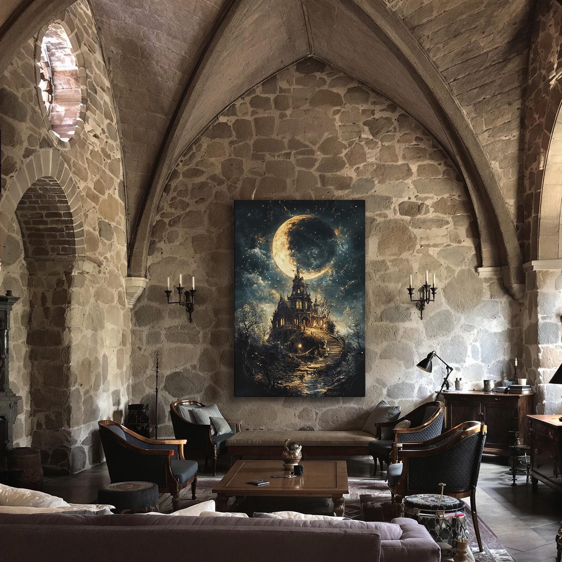 Gothic Castle Under Crescent Moon Starry Night Fantasy Art Poster - Image 3