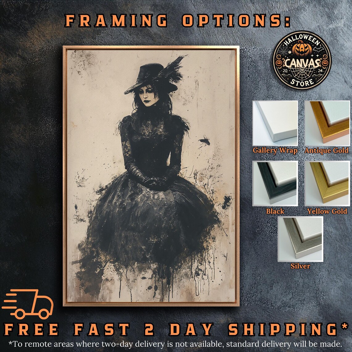 Gothic Victorian Woman In Black Dress And Feather Hat Ink Splatter Poster - Image 5