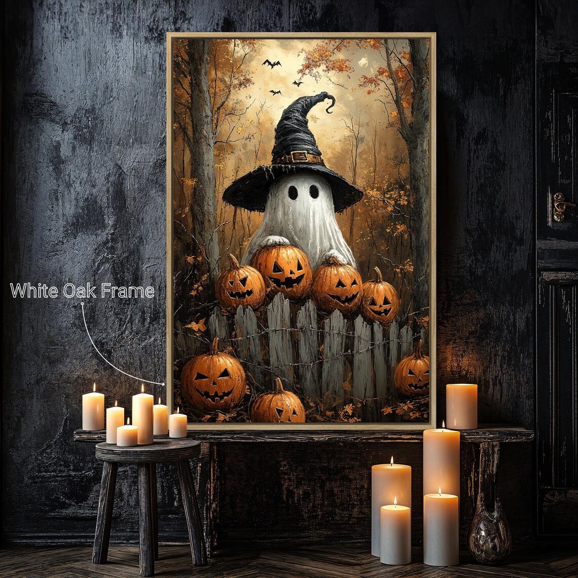 Ghost Wearing Witch Hat Halloween Poster, Rustic Decor - Image 4