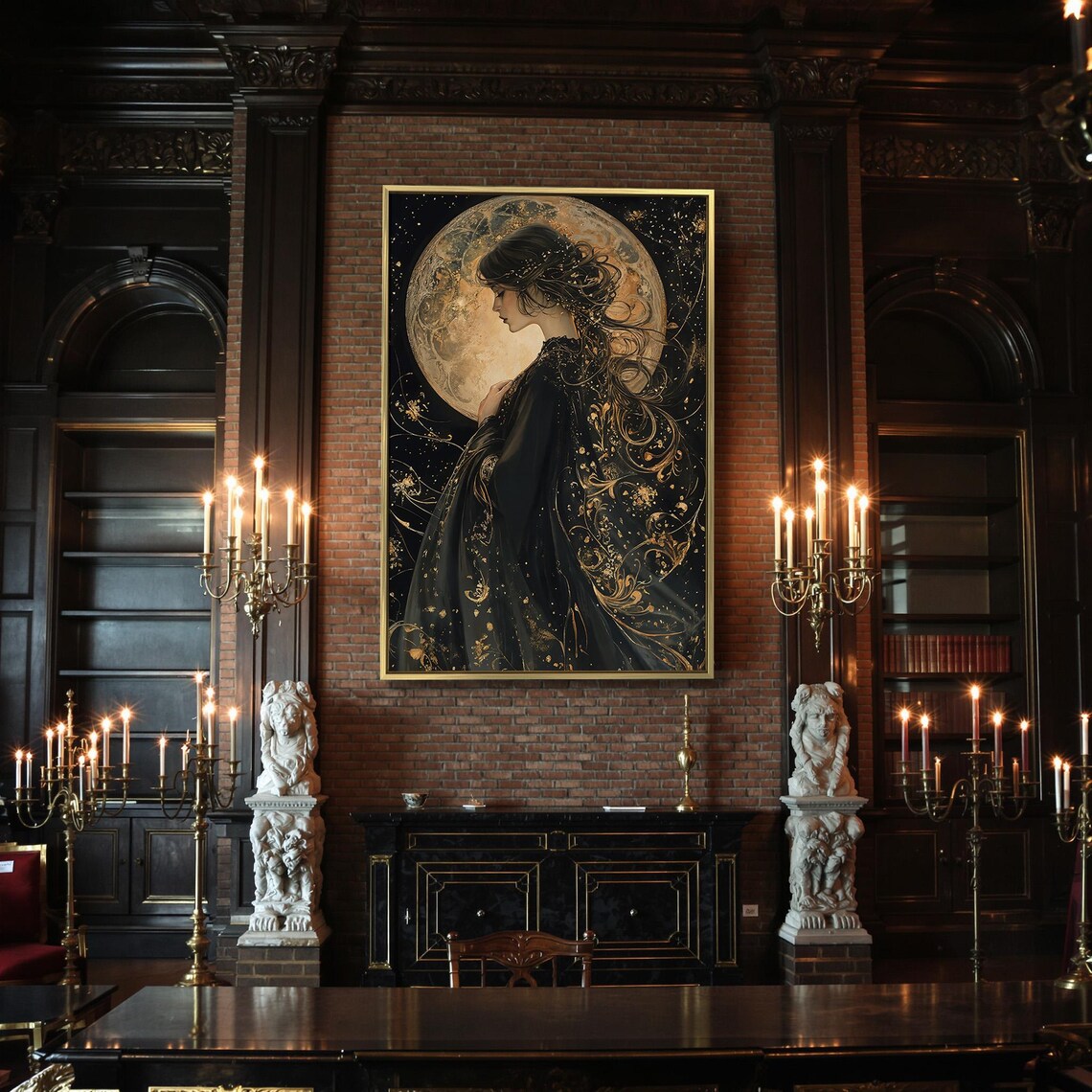 Elegant Woman In Black Dress Before Giant Gold Moon Dark Goddess Poster - Image 2