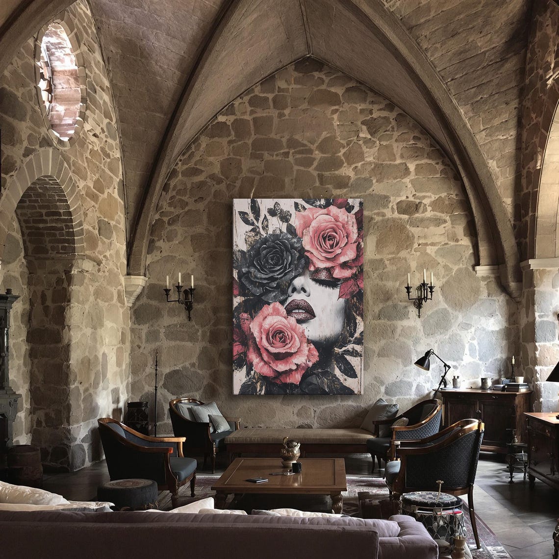 Gothic Woman Face Among Pink and Black Roses Glam Art Poster - Image 3