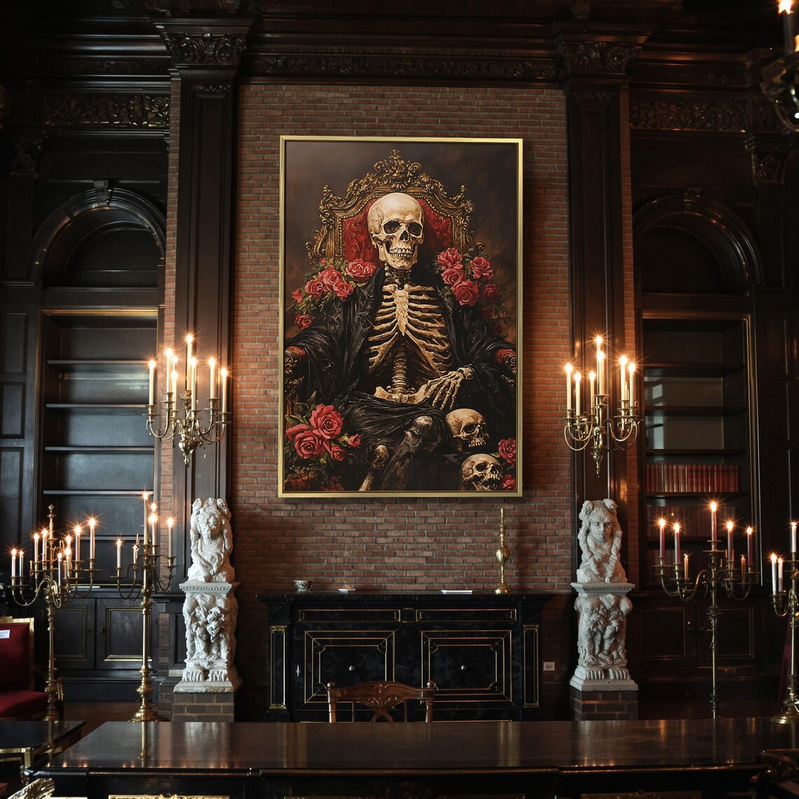 Macabre Skeleton On Golden Baroque Throne With Red Roses Dark Art Poster - Image 2